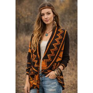 vintage Aztec Cardigan Sweater – Tribal Boho Open Front Knit – Women’s Size L
